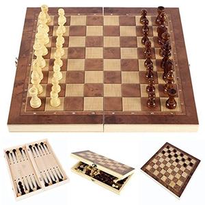 Chess Set,Folding Storage Wooden Chess Board Sets,17" Wooden Chess,3 in 1 Chess Board Game for Adults and Kids (Chess,Backgammon,Checkers)