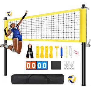 Professional Outdoor Volleyball Net Set with Arm Sleeves & Beach Fixed Plate, Heavy Duty 32ft Ply Reinforced Net with Steel Anti-Sag Winch, Height-Adjustable Poles, Carry Bag for Backyard Beach Lawn