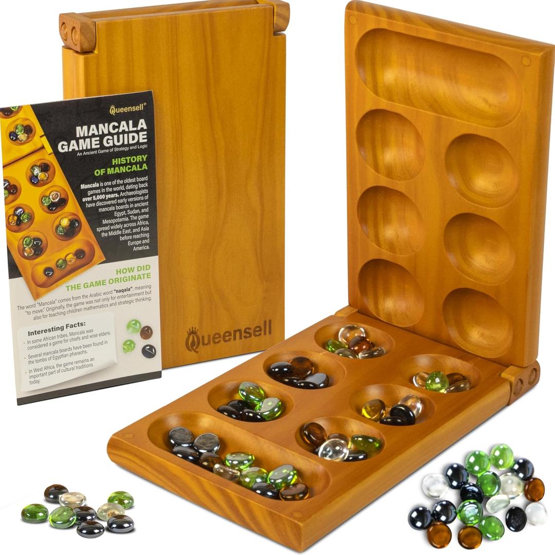 Mancala Board Game with Magnetic Lock  Classic 2-Player Folding Game  Wooden Mancala Set with 56 Glass Pebbles  Mancala Game for Kids and Adults