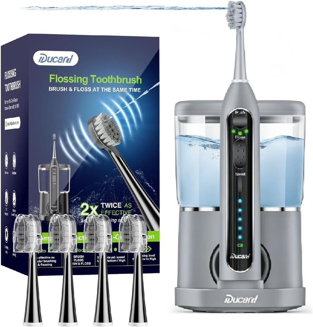 Electric Toothbrush with Water Flosser,Professional Flossing Toothbrush Combo for Teeth Cleaning Plaque Removal with 4 Replacement Heads, 3 Brush Modes & 5 Floss Speeds,Gray