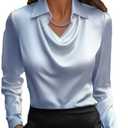 Women's Elegant Solid Satin Cowl Neck Blouse Long Sleeves Casual Business Dressy Shirts Office Work Ladies Top (X-Large, Blue)