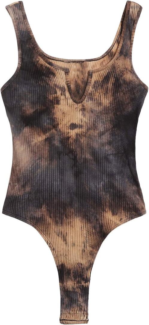 Verdusa Women's Tie Dye Notched Neck Ribbed Skinny Thong Tank Bodysuit Top (Multicolored, XS)