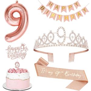 9th Birthday Decorations for Girls, Including 9th Tiara and Sash, Happy Birthday Banner, Cake Toppers, Number Candles and Balloons Set, Rose Gold