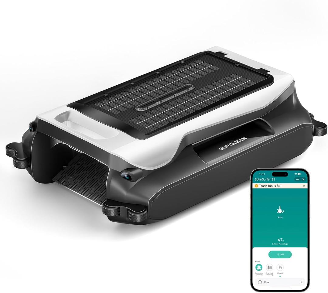 24/7 Solar Powered Automatic Electric Pool Skimmer Robot with APP Support Floating Surface Cleaner for Above Inground Pool,Auto Robotic Pool Skimmer with Efficient Solar Breeze (White)