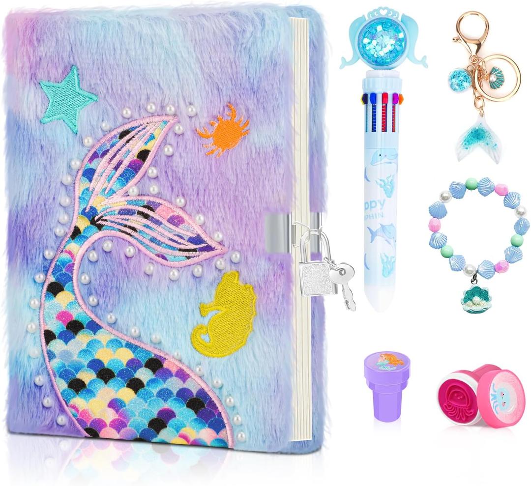 homicozy Mermaid Diary for Girls with Lock and Keys,Tie-Dye Fuzzy Journal for Kids with 160 Lined Pages,Fluffy Secret Notebook for Writing and Drawing,Gifts for Girls Over 3 Years Old, Purple