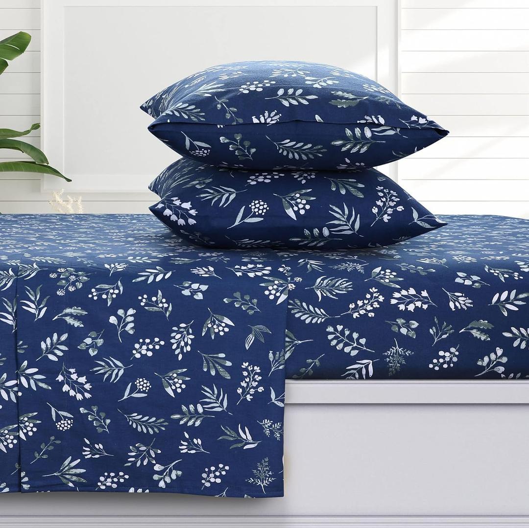 Tribeca Living Eva Floral Flannel King Sheet Set, Super Soft 100% Cotton, Extra Deep Pockets, Dark Blue