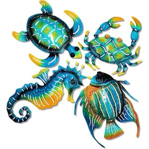Set of 4 Metal Outdoor Wall Art Decor, Blue Turtle Fish Crab and Seahorse Suitable for Beach Ocean Pool Decor, Metal Yard Fence Garden Children Room Bathroom Livingroom Wall Decoration