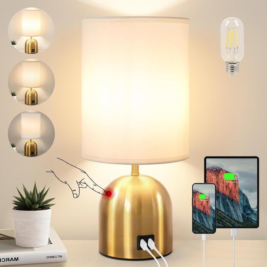 Touch Control Table Lamp for Bedroom, 3 Way Dimmable Modern Gold Bedside Lamps with 2 USB Charging Ports with Metal Base Fabric Shade for Nightstand, Living Room, Home Office (Bulb Included)