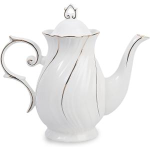 Agyiuns tea pot ceramic with lid, 38.8 Oz for Tea, Milk, Coffee, Flower tea(White with gold thread)