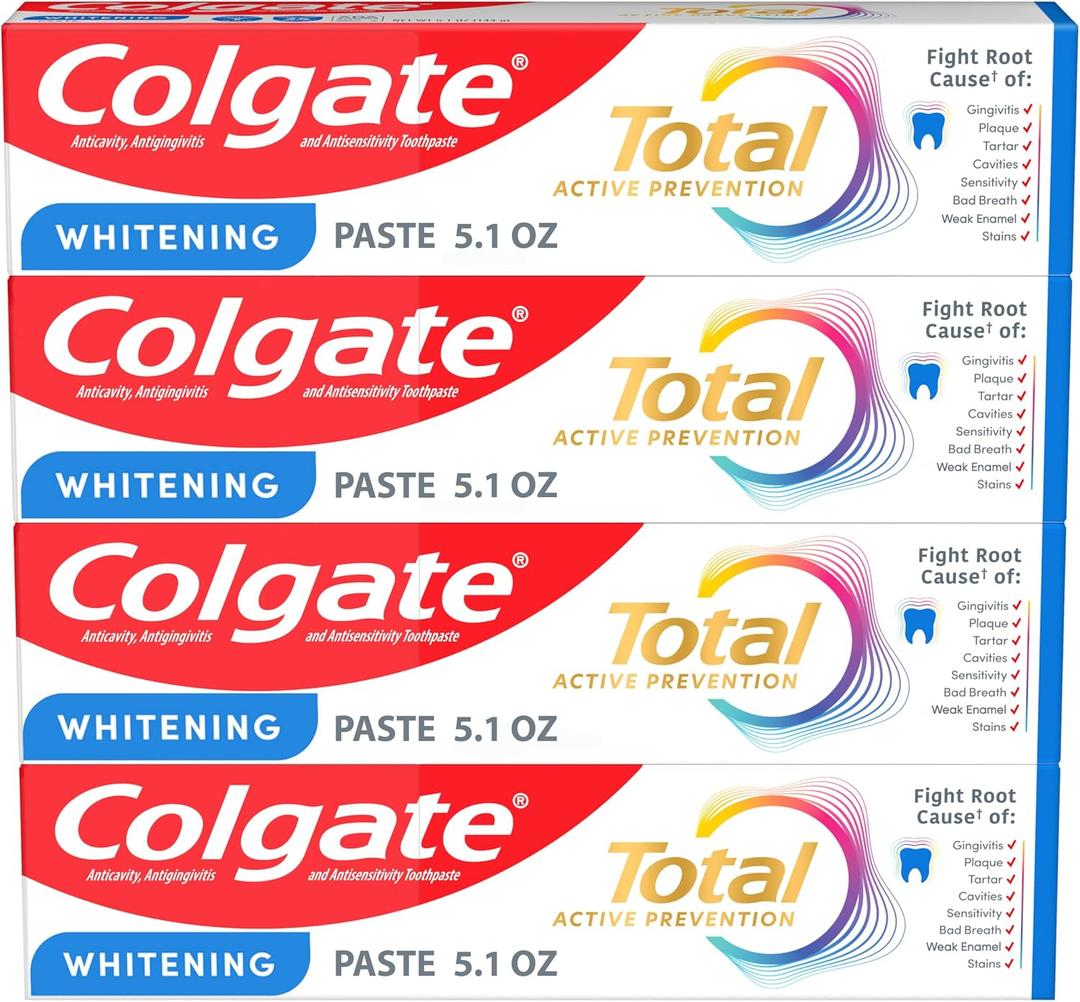 Colgate Total Whitening Toothpaste Paste, 5.1 oz, 4 Pack, Fluoride, Antibacterial, for Plaque, Gingivitis, Sensitivity, Stain Removal, Clinically Proven, Mint, Teeth Whitening, Stannous Fluoride