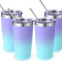 Volhoply 20oz Stainless Steel Tumbler with Lid and Straw Bulk 4 Pack,Double Wall Insulated Travel Iced Coffee Mug Fits Cup holder,Powder Coated Cups for Cold Drinks,Gifts for Women（Purple Bule,4 Set）, Medium