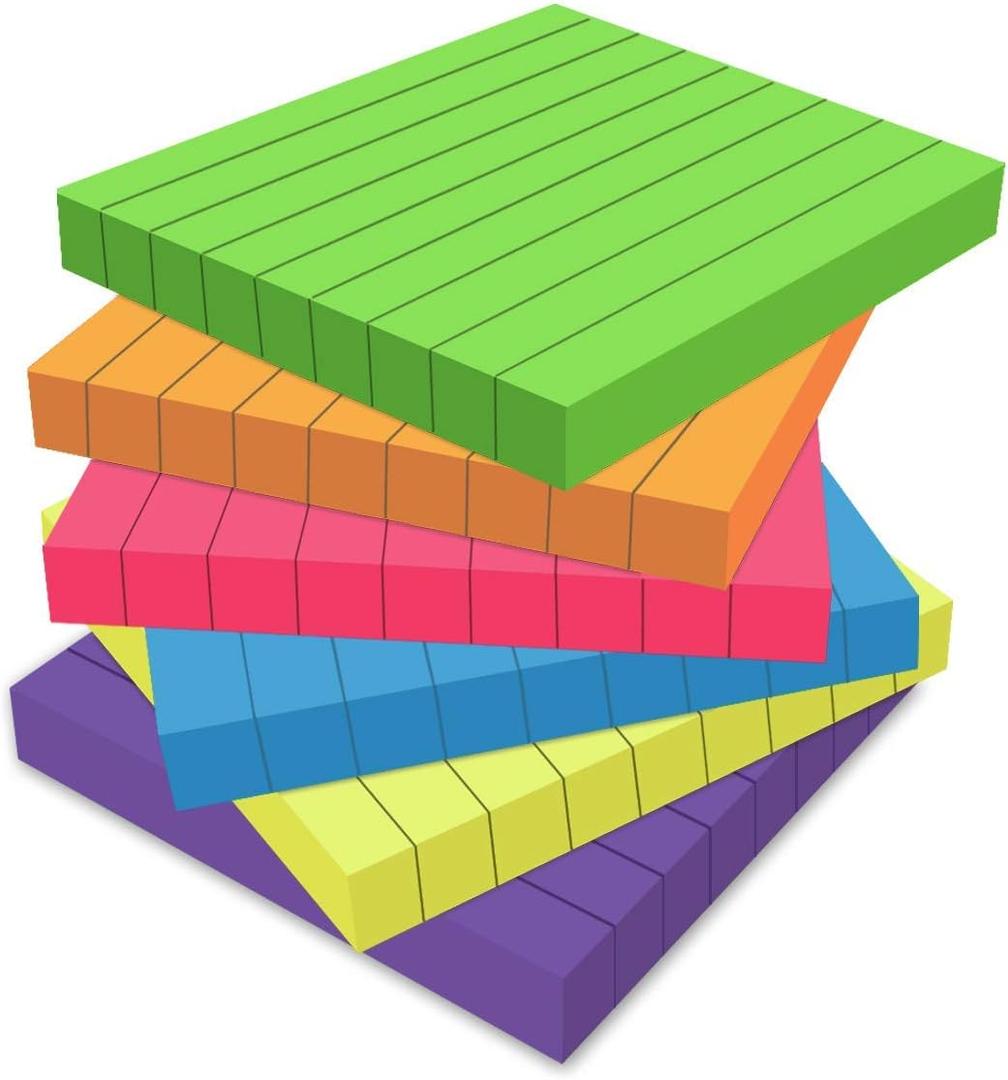 6 Pack Color Lined Sticky Notes - Post Bright Stickies Colorful Super Sticking Power Memo Pads, Strong Adhesive, 100 Sheets/Pad(3X3 In)