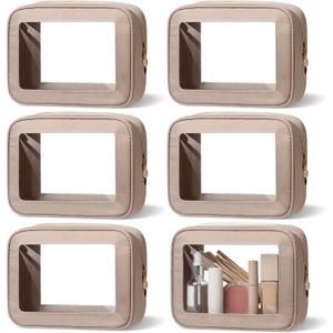 Abbylike 6 Pcs Clear Makeup Bags Travel Nylon Clear Nude Khaki Toiletry Bag Bulk Car Organizer Case Waterproof Toiletry Pouch with Golden Zipper for Teacher Mother Women Wedding Gift