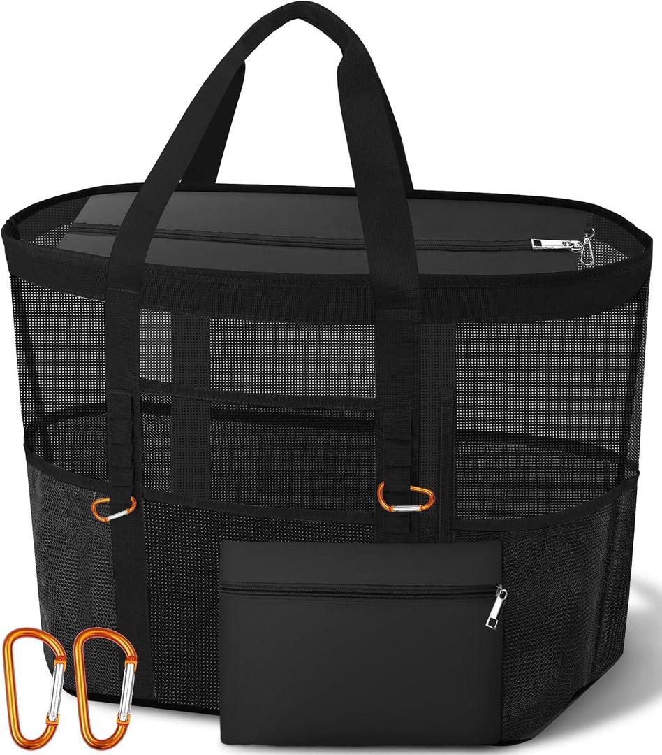 2026 Stylish & Spacious XX-Large Beach Bag for Women Mesh Canvas Tote with Top Zipper, 11 Tall Pockets | 40L+ Spacious