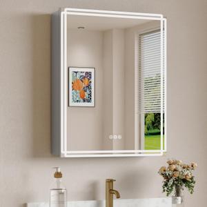 Buruis 20 x 28 in LED Medicine Cabinet Mirror for Bathroom, Dual Ring Light Recessed or Wall Mount, 3-Color Temp Lights, Anti-Fog, Dimmable, Built-In Outlet & USB Ports, ETL Listed, Aluminum Alloy