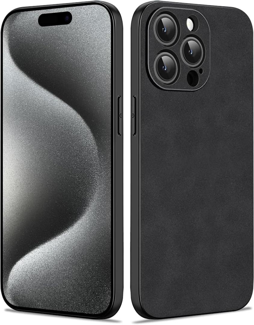 Duxsmei for iPhone 15 Pro Max Case - 6.7", TPU & Suede PU Leather, Anti-Vibration & Anti-Slip Ultralight Luxury Case for Men & Women (Black)