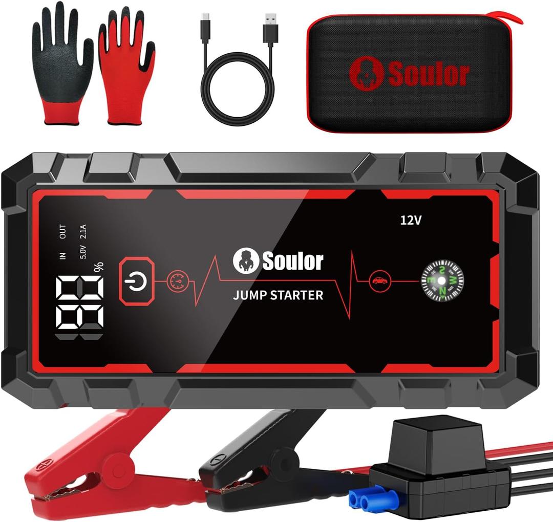 Jump Starter, Battery Jumper Starter Portable, Car Battery Jump Starter with 3 Modes Flashlight, Compass, Power Bank and Jumper Cable