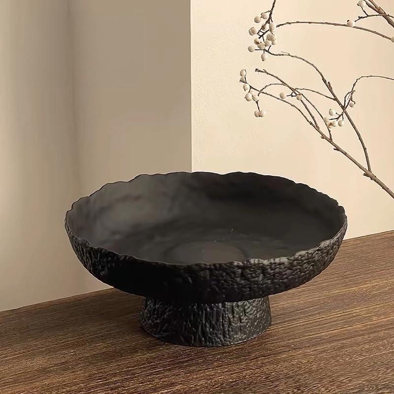 Fruit Bowl for kitchen decor Counter, 10.4Large Decorative Bowl, Modern Display key bowls, High Foot Serving Blows with Irregular Edge Design, High-Temperature Fired Thickened Glass Bowl, Black