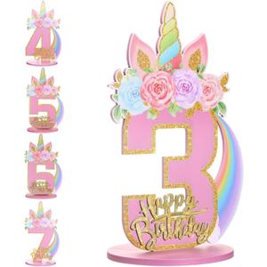 Unicorn 1/2/3/4/5/6/7/8/9th Birthday Number Sign Centerpiece for Girls 11.8 Inch Wooden Table Decoration Unicorn Party Supplies for Kids Anniversary Birthday(Number 3)