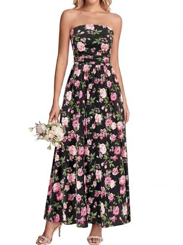 BTFBM Summer Maxi Dresses for Women 2026 Strapless Tube Top Floral Spring Wedding Guest Dress Beach Vacation Outfits(Black Pink Flower, XX-Large)