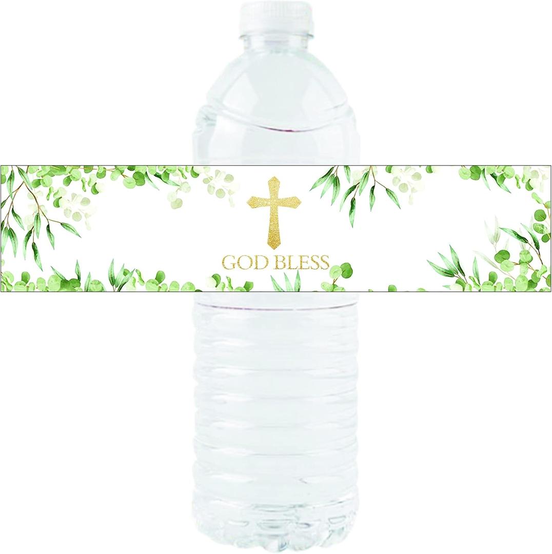 36 Pack of Greenery Style God Bless Water Bottle Label Stickers for Religious Party, Baptism, Confirmation, Christening, First Communion, Birthday Party Wedding Baby Shower Decoration