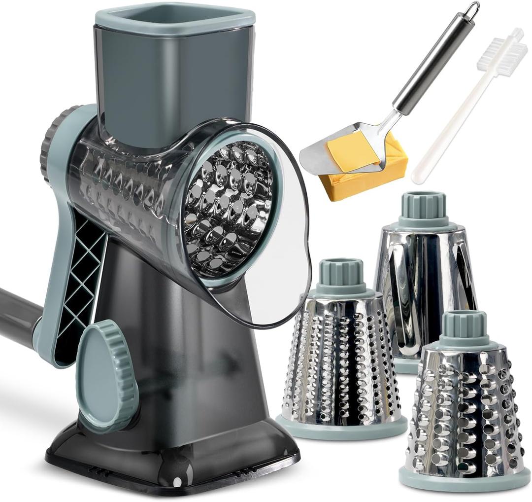 KEOUKE Rotary Cheese Grater with Handle Vegetable Cheese Shredder Slicer Grater for Kitchen 3 Changeable Blades for Cheese Potato Zucchini Nuts Chocolate - GreyBlue (Grey Blue SP)