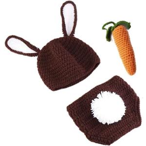 Newborn Easter Outfit Boy Photography Props Baby Bunny Handmade Crochet Rabbit Set Knit Hat Diaper Carrot Set for Kids (Coffee Rabbit)