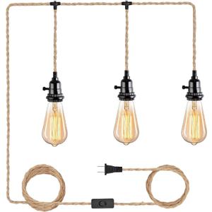 3 Light Hemp Rope Plug in Pendant Light Rattan Hanging Lights with Plug in Cord with Woven Lamp Shade, Plug in Cord Hemp Rope Hanging Lamp, 1 PACK