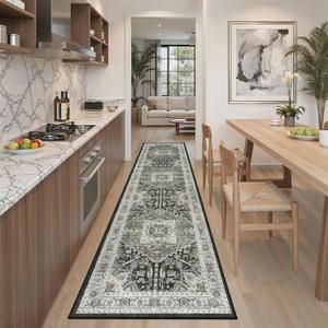 Madane Washable Runner Rug 2x8, Runners for Hallways Non-Slip Kitchen Runner Rugs Ultra-Thin Laundry Room Carpet Runner for Entrance Living Dinning Room Foyer, Grey Green/Black Olive