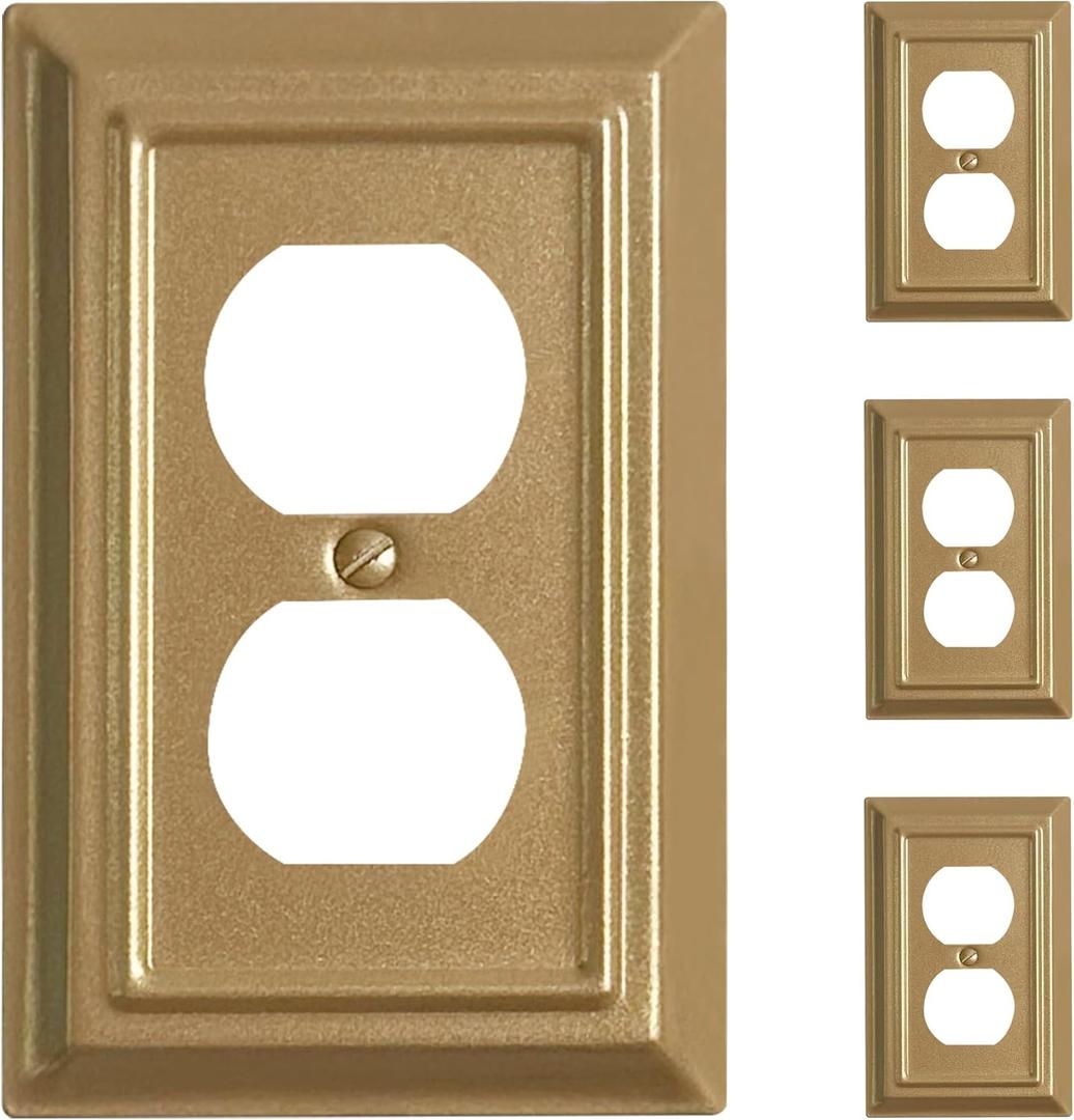 Metal Electrical Outlet Covers, Light Switch Cover Wall Plates, Mid Size Thicker Decorative Switch Plates,Receptacle Wall Plate of Modern Styles (Vintage Gold, 1 Gang Duplex 4 Pack)