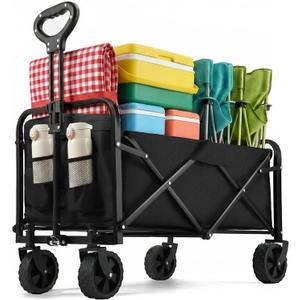 PASAMIC Collapsible Wagon 220 lbs, Heavy Duty Wagon Carts Foldable, Portable Wagons for Groceries, Beach Cart with All-Terrain Wheels & Drink Holders, Utility Wagon for Shopping, Sports, Camping,Black