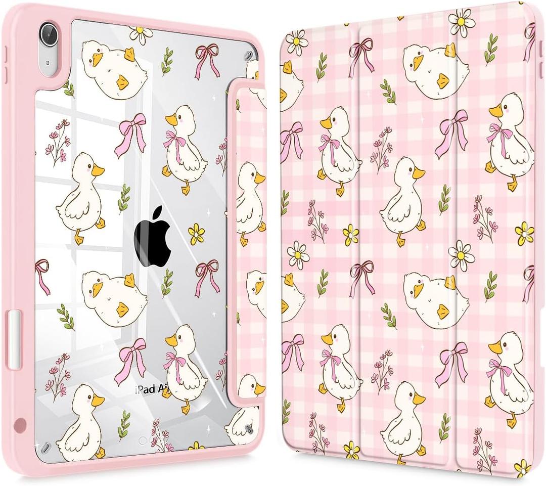 Case for iPad Air 11'' (M4 2026/M3 2025/M2 2024)/ iPad Air 10.9'' Air 5th /4th Gen, Shockproof Cover with Clear Back Shell & Penceil Holder Auto Wake/Sleep Stand Cover, Duck & Bow