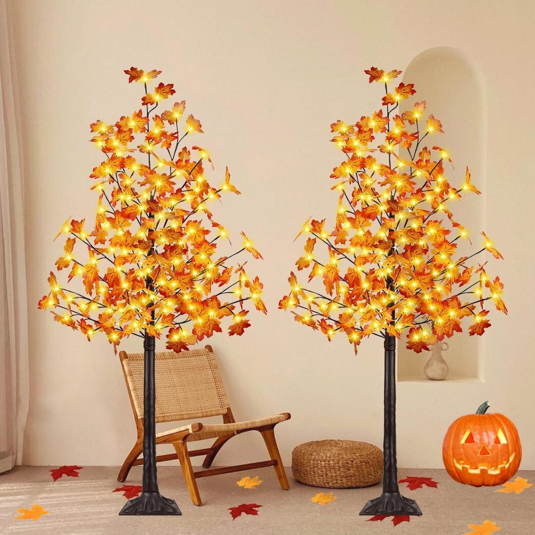 2 Pack 5FT Artificial Lighted Maple Tree, Fall Decor Artificial Tree with Timer, 192 LED Light up Fall Maple Tree for Indoor Outdoor Autumn Home Party Decoration
