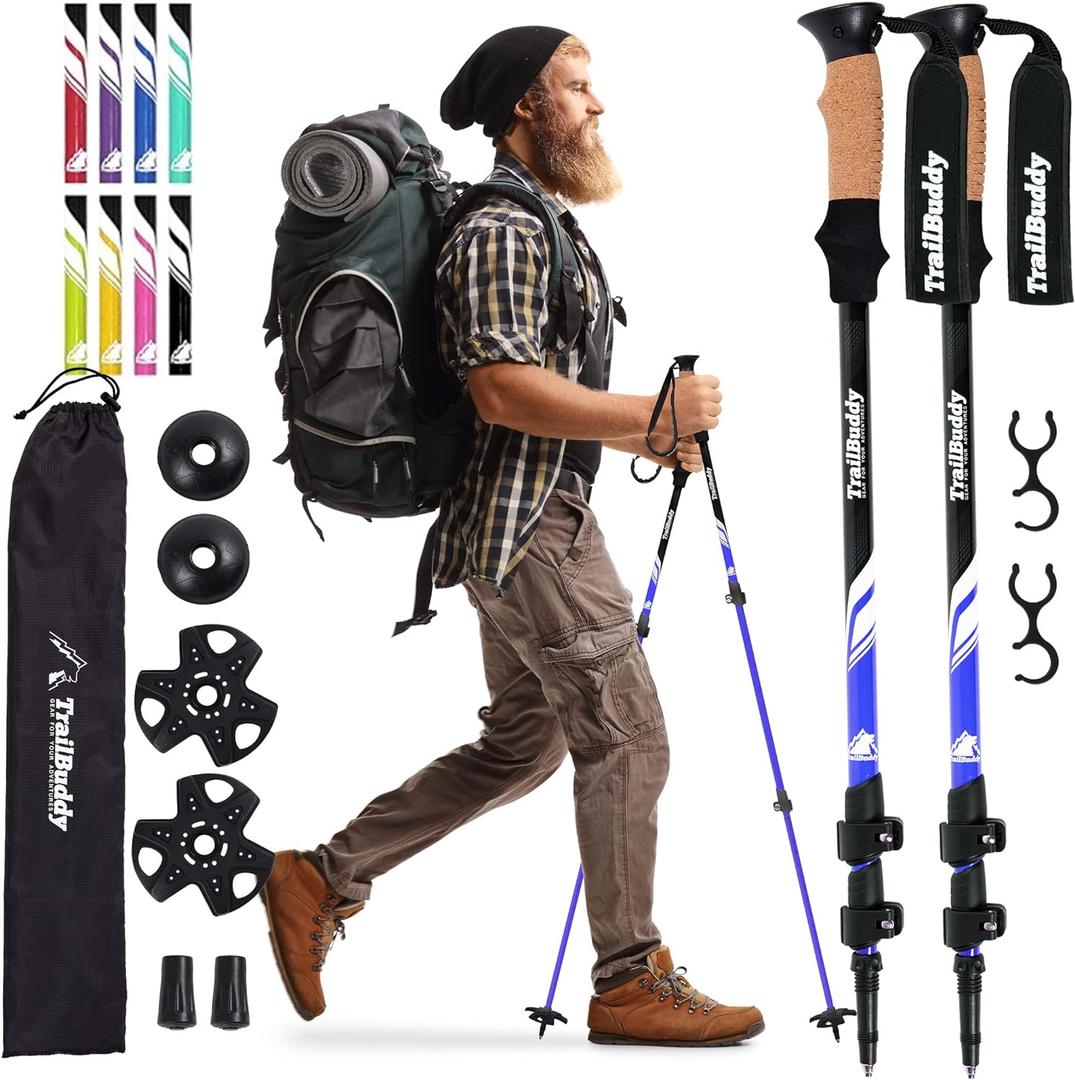 TrailBuddy Trekking Poles - Lightweight, Collapsible Hiking Poles for Snowshoe & Backpacking Gear - Pair of 2 Walking Sticks for Hiking, 7075 Aluminum with Cork Grip (Blue Lake)