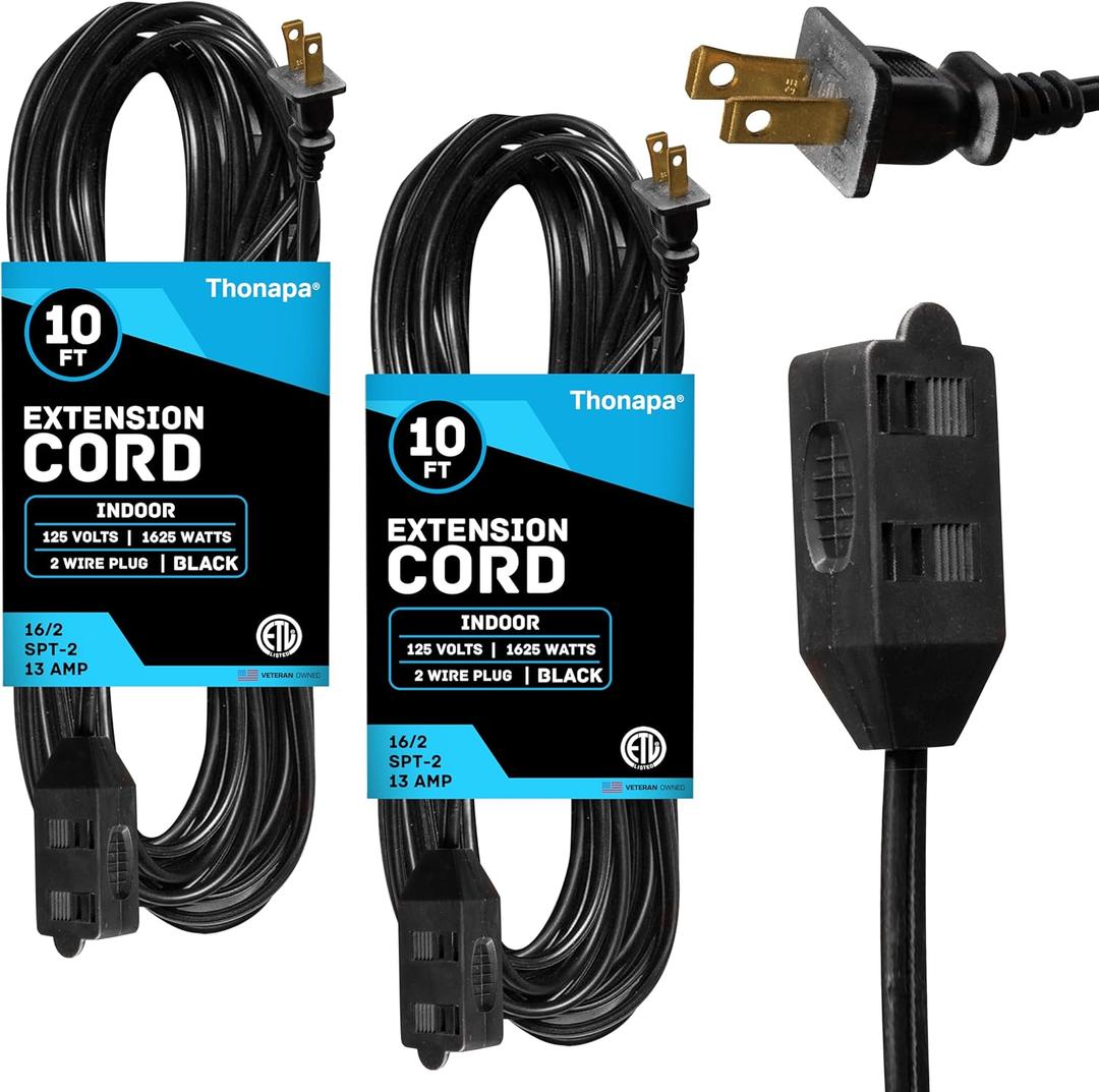 Thonapa 10 Ft Black Extension Cord 2 Prong 3 Outlets, 2 Pack, 16/2 Indoor Extension Cord with Multiple Outlets, 13 AMP Electrical Cable for Home, Office, Household Appliances