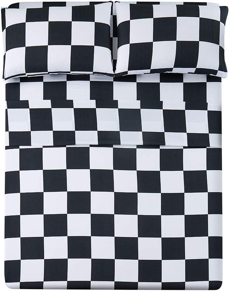 Bed Sheet Set 3 Pieces -Twin Size-Soft Durable Microfiber Bedding Sheet Set, Deep Pocket, Stain, Fade & Wrinkle Resistant (Plaid Black & White)