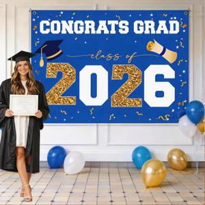 Graduation Decorations 2026 Large Outdoor Banner - Blue Gold - Waterproof 47x67" Class of 2026 Porch Sign for High School College Graduates Party Supplies