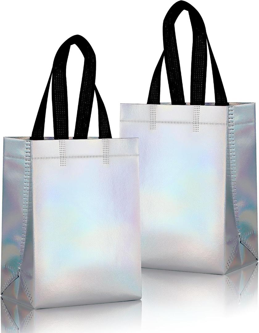 JCBZAMZ 25 Pack Iridescent Reusable Gift Bags with Handles Bulk, Holographic Rainbow Small Gift Bag for Women Kids, Eco-Friendly Non-Woven Party Favor Goodie Bags for Birthday, Valentine, Baby Shower, Wedding Treats