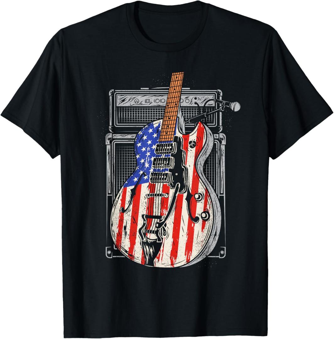 American Flag Guitar 4th of July Guitarist USA Country Music T-Shirt (Small, Black)