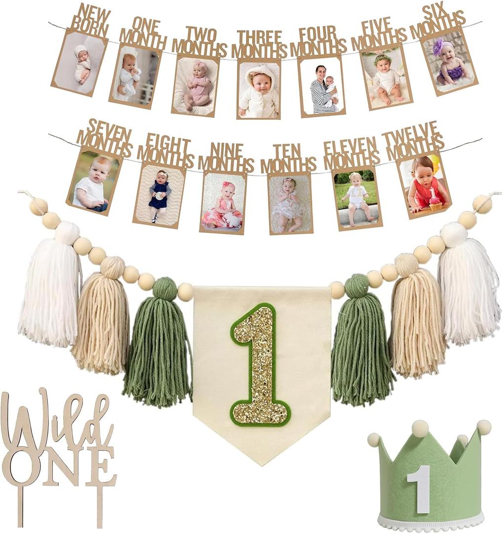 1st Birthday Highchair Banner Decorations Wild One High Chair Banner With Green Tassel Garland Crown Hat Wild One Cake Topper Baby Photo Banner Photoshoot Props Photo Props (Green)