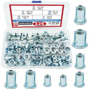 AIMUNOK 125PCS Alloy Steel Rivet Nuts Kit #8-32#10-24 1/4"-20 5/16"-18 3/8"-16 Threaded Insert Nutsert Rivnuts (Rivet Nut KIt)