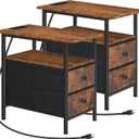 HOOBRO End Table with Charging Station, Set of 2 Narrow Side Tables, Nightstand with 2 Non-Woven Drawers, Slim Sofa Table, for Small Spaces, Living Room, Bedroom, Rustic Brown and Black BF486UBZP201