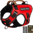 Service Dog Vest - HEYCAHVA Tactical Dog Harness Full Metal Buckles for Large Medium Dogs Reflective No Pull Dog Harnesses Vest with Leather Handle, Hook & Loop for Hiking Training (Red, XL)