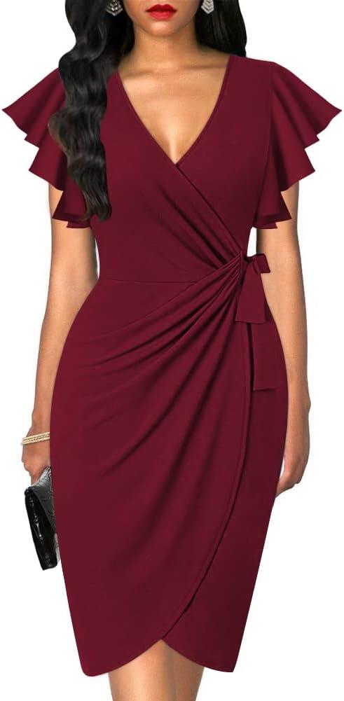 oten Womens Deep V Neck Ruffle Sleeve Sheath Casual Cocktail Party Work Faux Wrap Dress, Medium, Burgundy