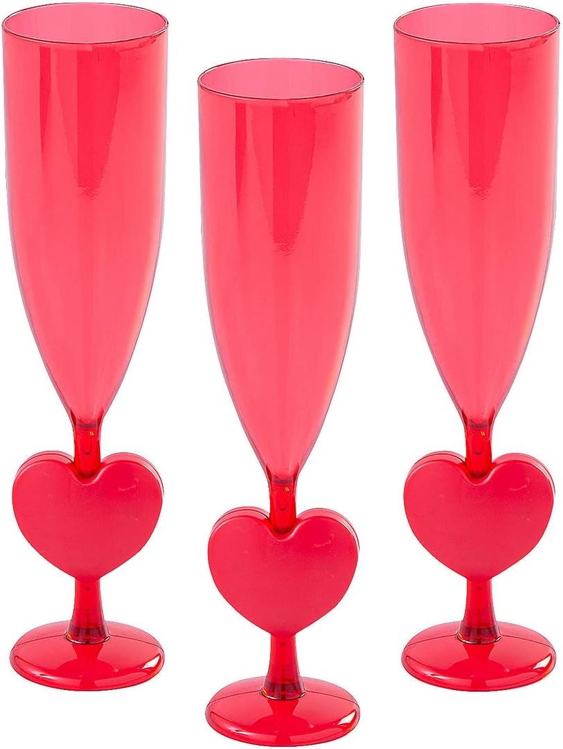 Fun Express Heart Shaped Champagne Glasses Plastic Flutes 12 Pack - Red Valentine Wine Glasses for Galentines Day Party Supplies | BPA Free Acrylic Drinking Cups 6oz | Valentines Day Glassware Bulk