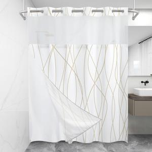 No Hook Beige Khaki Striped Shower Curtain with Snap in Fabric Liner Set - Hotel Shower Curtain and Liner Set with See Through Mesh Top Window,Machine Washable, 71x74 INCH