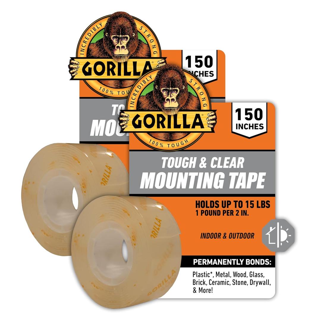 Gorilla Tough & Clear Double Sided Mounting Tape, Clear Tape, 1" x 150" (Pack of 2) - Weatherproof for Indoor or Outdoor