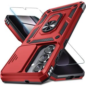 Janmitta Compatible with Samsung Galaxy S26+ Plus Case Built in Slide Camera Lens Cover+Screen Protector+Finger Ring Holder Kickstand,Heavy Duty Shockproof Full Body Phone Cover,2026 Red