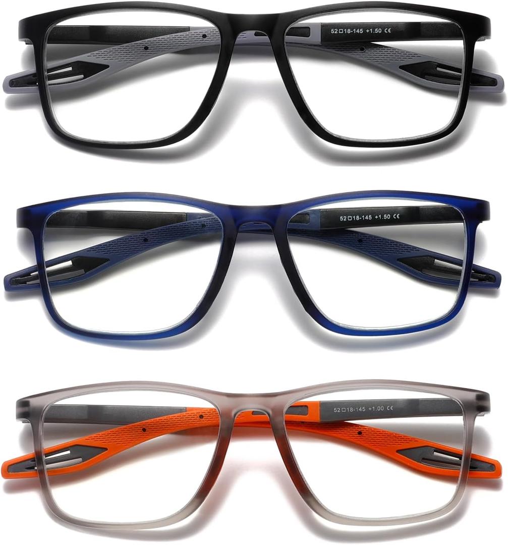 Hubeye TR90 Sports Reading Glasses for Men and Women Ultralight Flexible Anti-Blue Light ReadersBlack+Blue+Orange+2.5