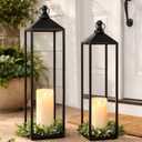 22'' 19'' Large Lanterns Decorative Outdoor Indoor, Set of 2 Black Metal Candle Lanterns Modern Farmhouse Floor Lanterns Decorative for Home Decor, Mantle, Fireplace, Patio, Porch, Garden
